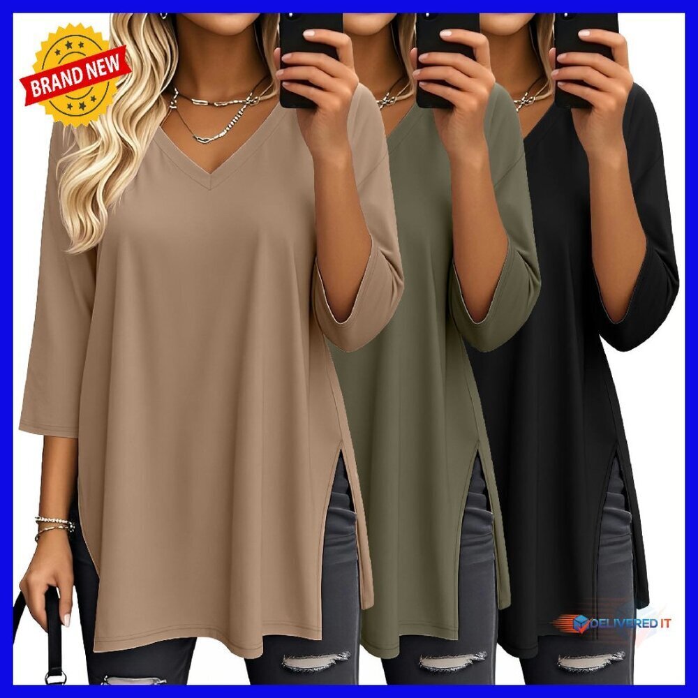 3 Pack Women's 3/4 Sleeve V-Neck Oversized T-Shirts Loose Fit Tees